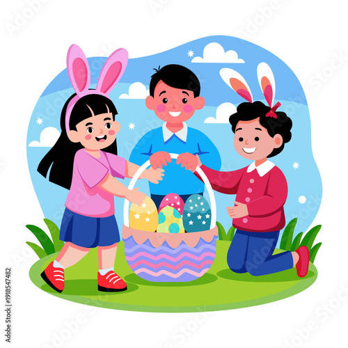 An illustration showing easter bucket designed in flat style
