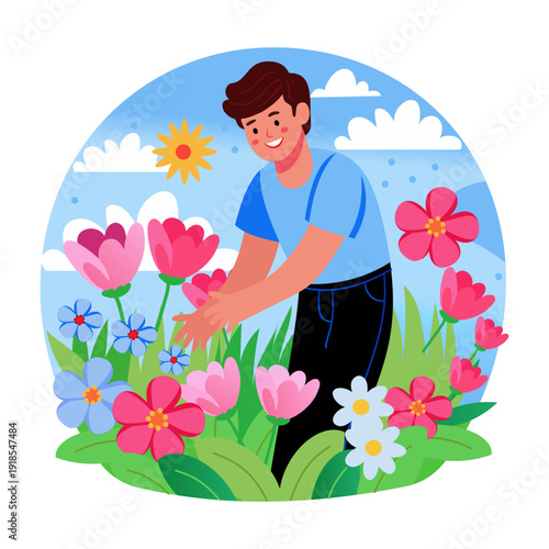 A flat illustration showing a character picking flowers
