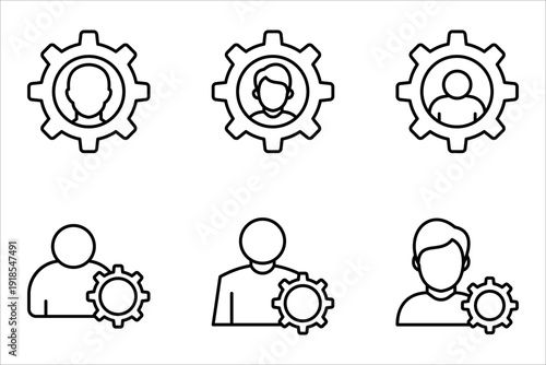 Set of account gear icons, vector symbols representing support staff roles, technical expertise, or user account settings. Illustrations on a white background.