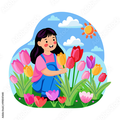 A flat style illustration of plucking flowers