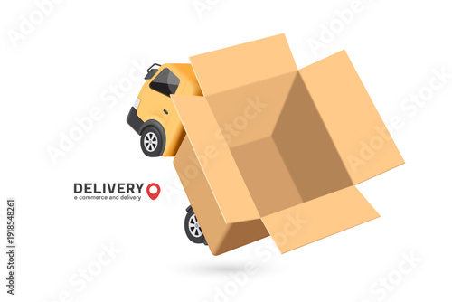 Yellow truck with container that looks like parcel box or cardboard box is opening up, revealing an empty interio, vector 3d isolated on white background for delivery, e commerce concept design