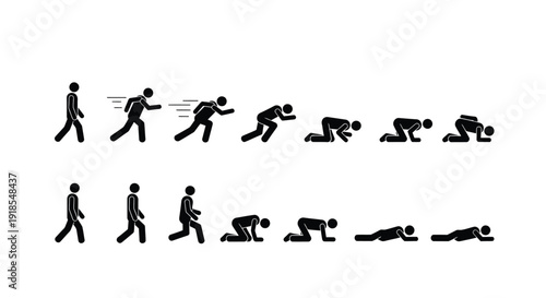 Stick figure icons illustrating the motion sequence of a person transitioning from walking to running accelerating rapidly and finally collapsing into a prone resting position across two distinct rows