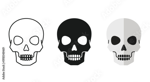 Collection of three distinct human skull icons representing different artistic styles and graphic design methods