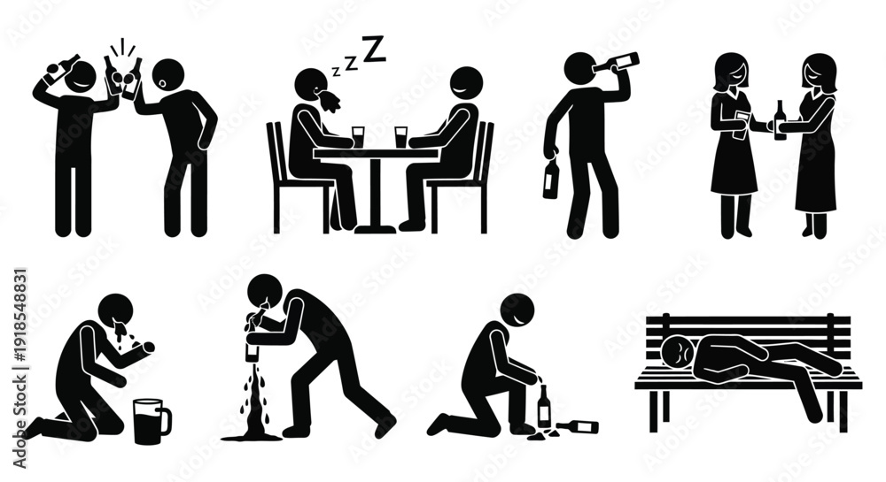 Obraz premium Collection of stick figure icons illustrating various stages of alcohol consumption and intoxication behaviors