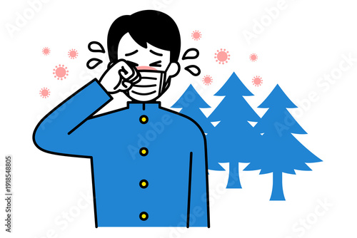 花粉症がつらい学ランの男子学生