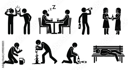 Collection of stick figure icons illustrating various stages of alcohol consumption and intoxication behaviors