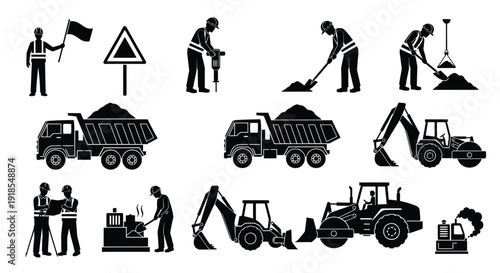 Construction worker icons showing heavy machinery operation and site management tasks