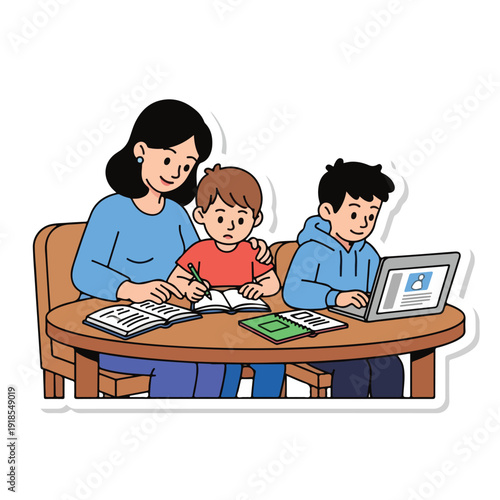 A woman helps two children with schoolwork at a table