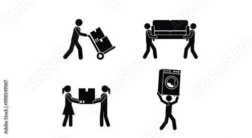 Collection of black silhouette stick figures illustrating various tasks related to moving furniture and packages