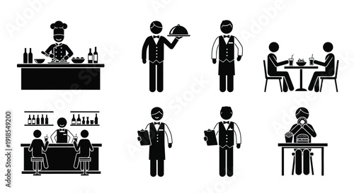 Collection of black and white stick figure icons representing various essential restaurant and food service industry roles