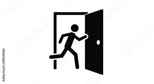 Black silhouette icon representing a person running quickly through an open doorway for emergency escape