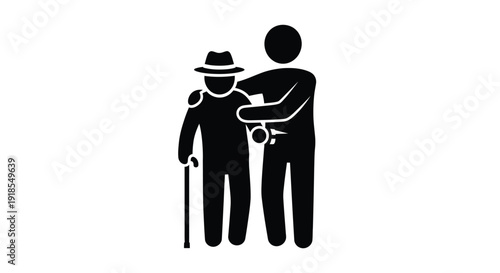 Caring figure supporting elderly man with cane and hat in compassionate assistance icon