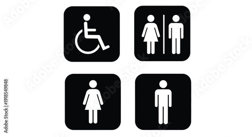 Set of four essential black and white accessibility and restroom signage icons displayed clearly