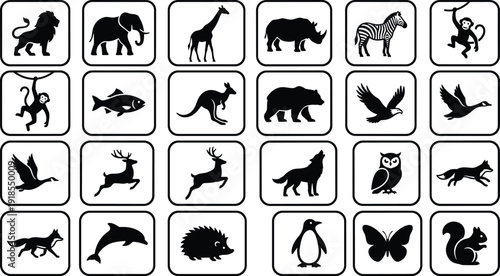 Wild animal silhouettes icon set, zoo and wildlife collection with mammals birds fish vector illustration pack