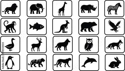 Wildlife animal silhouettes icon set, zoo safari mammals birds marine life black vector illustration collection