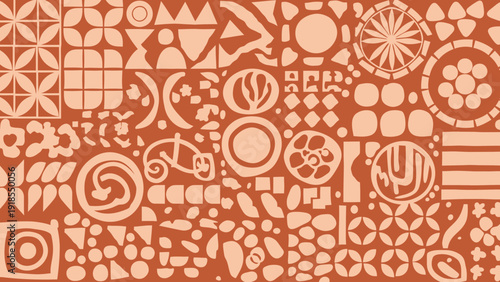 Abstract Geometric Pattern: Textured Terracotta Shapes on Orange Background