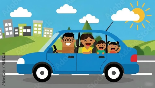 Happy Family Road Trip in Blue Car Cityscape Background.