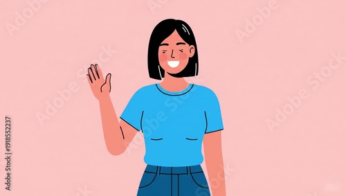 Friendly Woman Waving Hello Greeting Welcome Happy Person.