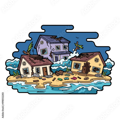 Cartoon illustration of three damaged houses on a small island
