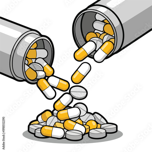 Cartoon illustration of pills and capsules spilling out