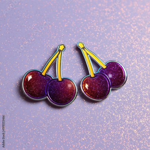 Two shimmering, glittery purple cherry-shaped enamel pins on a sparkly lavender background
