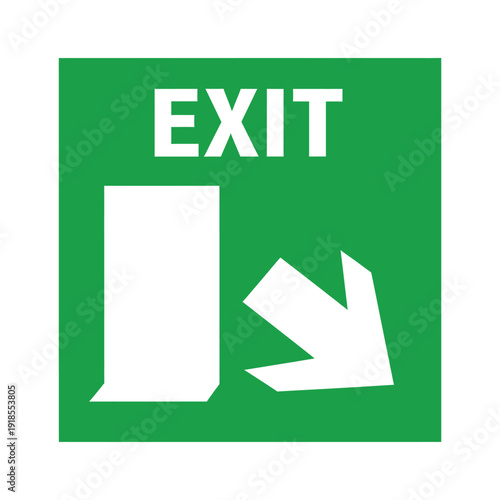 A green square exit sign with white text and an arrow pointing down-right, indicating an emergency escape route from a building.