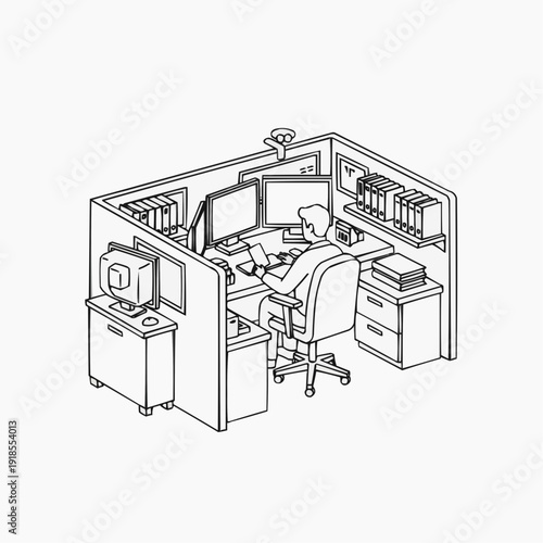 Modern modular office cubicle with integrated desk and storage units isolated on white background, Vector