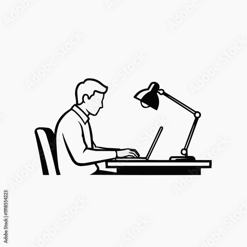 A person working on a laptop at a desk with a lamp providing light. isolated on white background, Vector