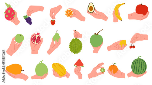 Collection of flat vector illustrations showing hands holding various fresh fruits. Perfect for health campaigns, grocery branding, packaging, posters, and social media content.
