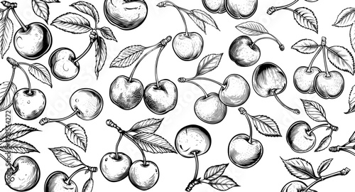 illustration vector cherries pattern, fruit, food, berry, red, summer, sweet, background, seamless, design, fresh, leaf, organic, nature, wallpaper, texture, cherry, drawing, graphic, botanical, scrap