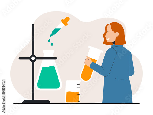 A woman scientist conducting experiments in a laboratory setting. Skill building illustration. Flat vector illustration.