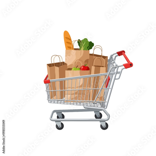 Full Grocery Cart with Paper Bags, Bread, Apples, and Lettuce