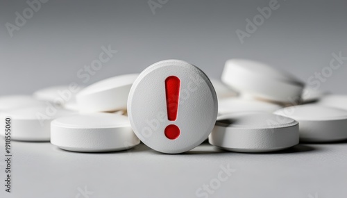 Medication Alert: A close-up shot of several white pills, one of which prominently displays a red exclamation mark, highlighting a crucial health warning.