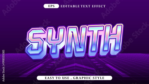 Vibrant Retro-futuristic Text Effect, Dynamic Synthwave Style with Iridescent Neon Colors and Glowing Grid Background for Creative Graphic Design