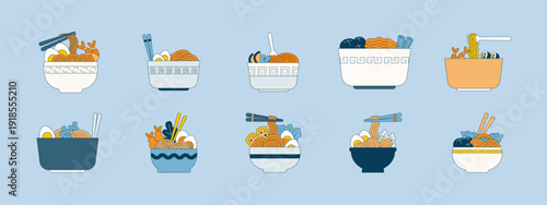 Collection of 10 noodles illustrations. Flat vector concept.