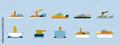 Collection of 10 noodles illustrations. Flat vector concept.