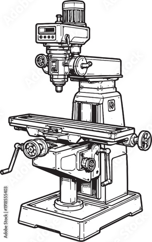 Vertical Milling Machine Line Art Illustration