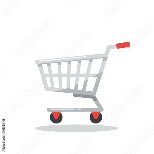 Modern Shopping Cart with Red Handle - Flat Design