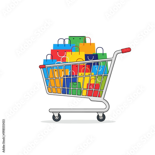 Shopping cart full of colorful bags, concept of consumerism and online shopping