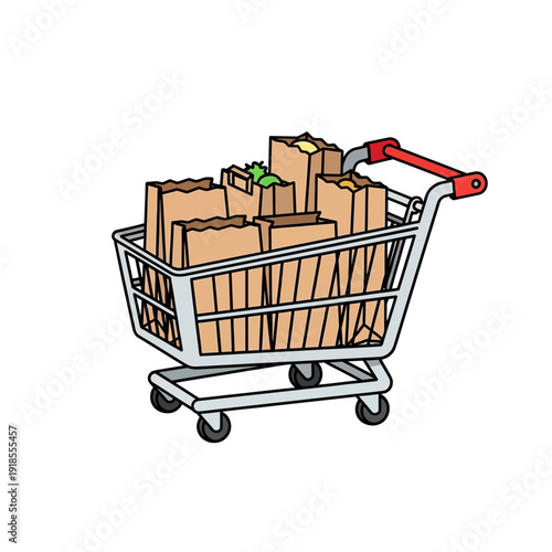 Grocery Shopping Cart Full of Brown Paper Bags and Produce