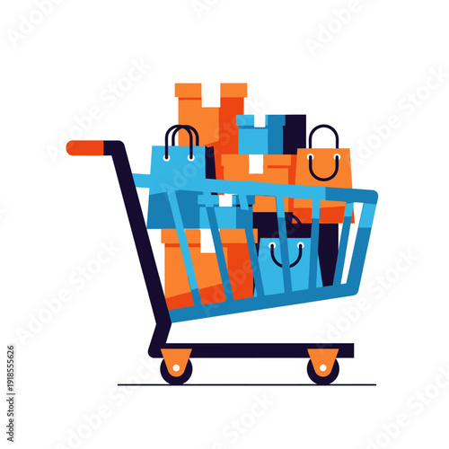 Full Shopping Cart with Bags and Boxes, Retail Purchase Illustration