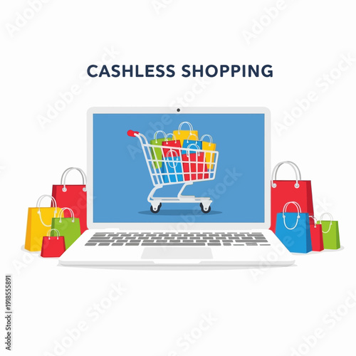 Online Shopping Cart Laptop With Bags - Cashless Payment Concept