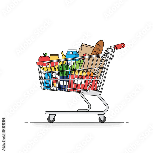 Full Grocery Shopping Cart with Variety of Food and Drinks, Isolated on White