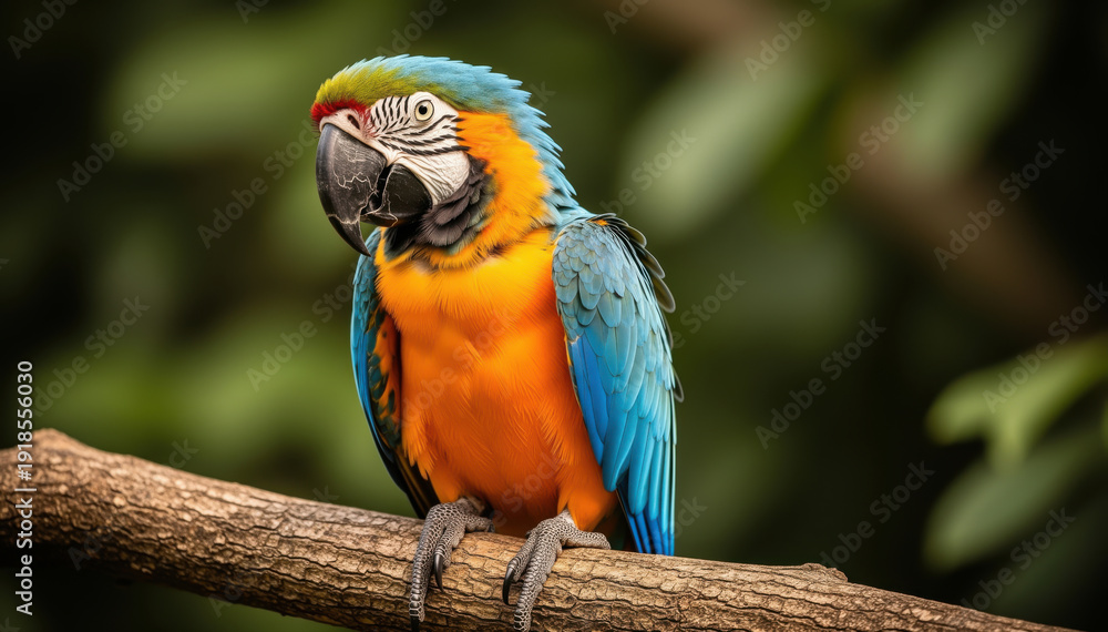 Obraz premium Exotic Parrot Perched: A vibrantly colored parrot sits perched on a tree branch, its plumage a stunning display of nature's artistry. The eye-catching bird is showcased amidst lush foliage.