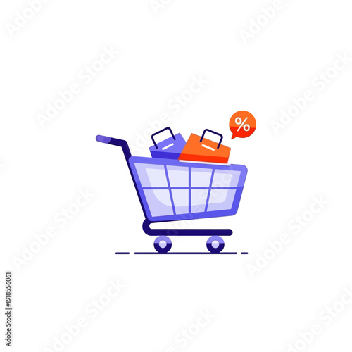 Shopping Cart with Bags and Percentage Sign - Online Shopping and Discount Concept