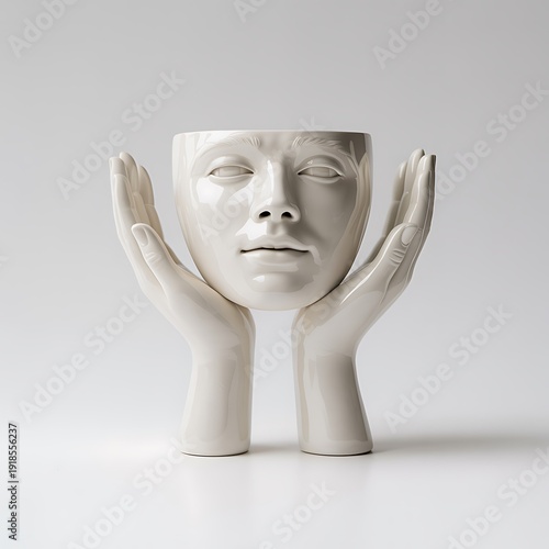  white ceramic face sculpture with hands on either side.