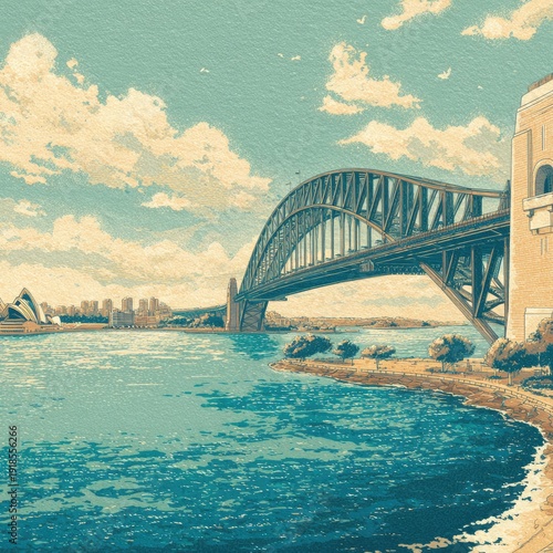 Arching bridge over blue water with city skyline and cloudy sky