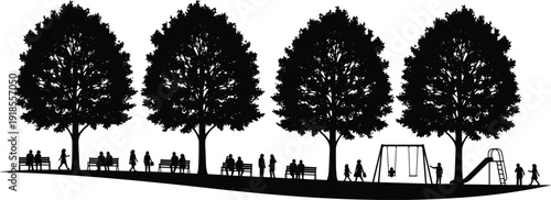 Detailed black silhouette illustration of a public city park featuring large trees benches playing children and relaxing people.