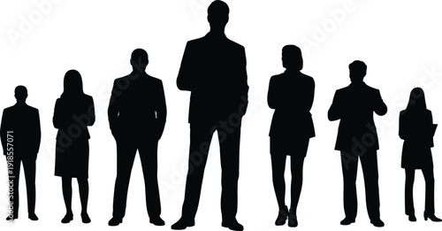 Silhouette illustration of business professionals, corporate teamwork concept, leadership design, formal attire vector artwork, diversity representation, office hierarchy theme