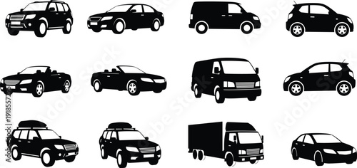 Modern car silhouette vector collection with sedan, SUV, van, convertible and truck isolated automotive transport icons